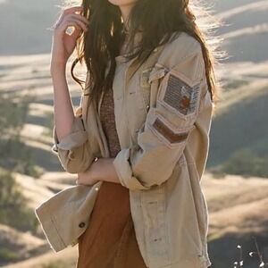 Free People Embellished Military Jacket Olive Green Utility Beaded Patch Coat